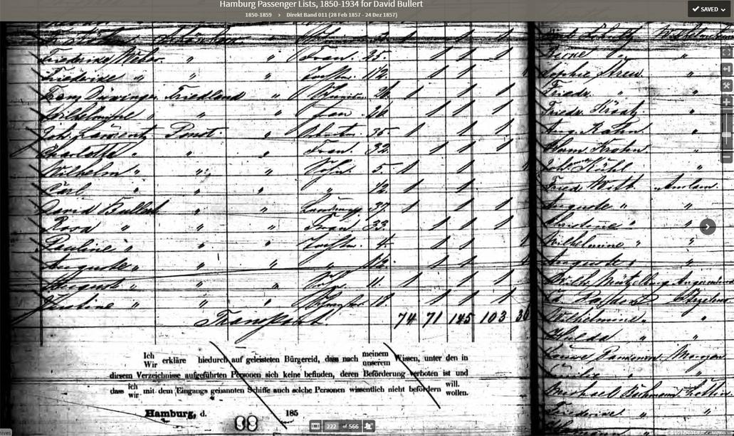 Hamburg Passenger Lists, 1850–1934 — page showing David Bullert, Rosa, and family, Direkt Band 011, 28 Feb 1857 – 24 Dec 1857