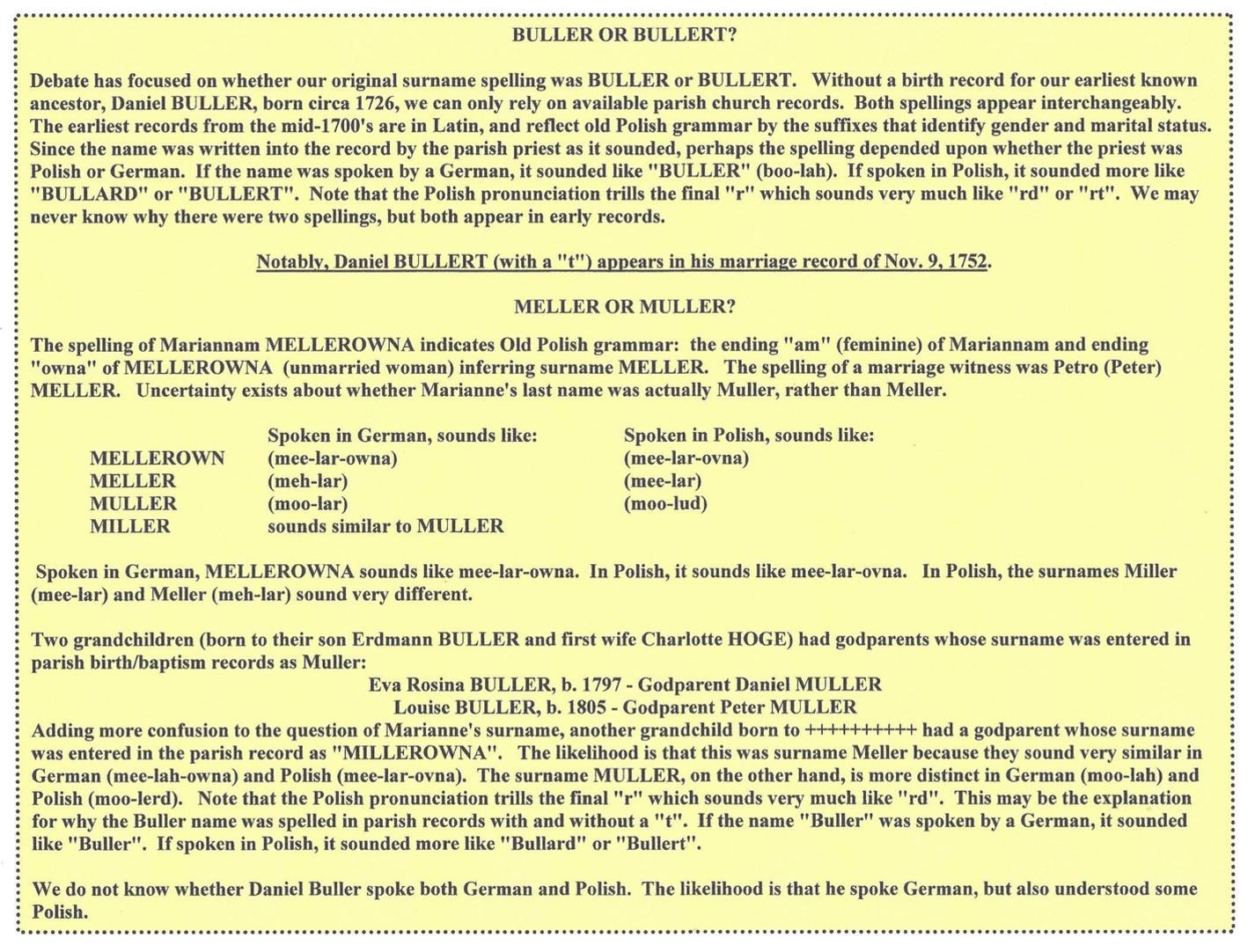 Research notes on the Buller/Bullert and Meller/Muller surname spelling variations