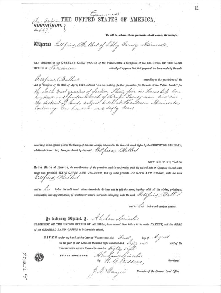 Gottfried Bullert Land Patent Certificate No. 367, signed by President Abraham Lincoln, August 1, 1861