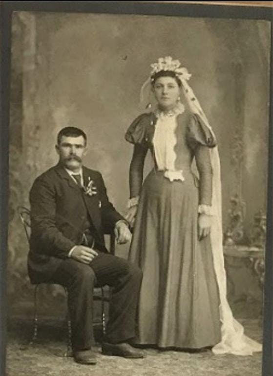 Wedding portrait of John Albert Bullert and Ernestine Tillie Bertha Rucks, July 30, 1898